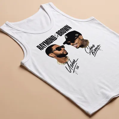 Stylized portrait of Usher and Chris Brown with printed text in gold, black, and white — printed on a tank top
