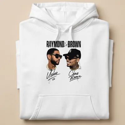 Stylized portrait of Usher and Chris Brown with printed text in gold, black, and white — printed on a unisex hoodie