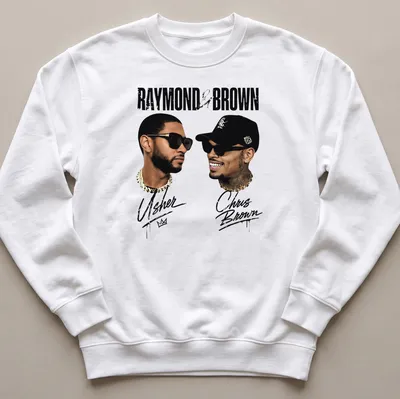 Stylized portrait of Usher and Chris Brown with printed text in gold, black, and white — printed on a unisex sweatshirt