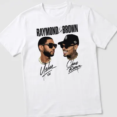 Stylized portrait of Usher and Chris Brown with printed text in gold, black, and white — printed on a unisex t-shirt