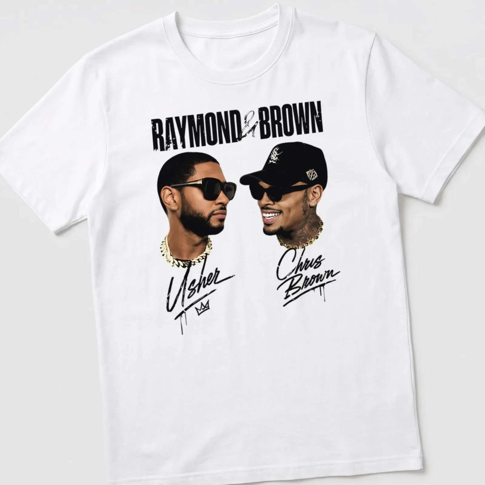 Stylized portrait of Usher and Chris Brown with printed text in gold, black, and white — printed on a unisex t-shirt