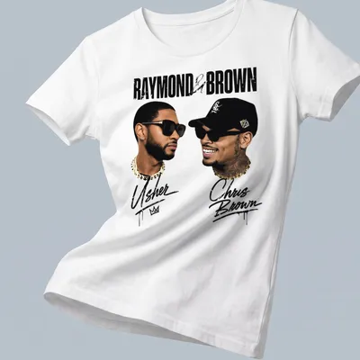 Stylized portrait of Usher and Chris Brown with printed text in gold, black, and white — printed on a women's shirt