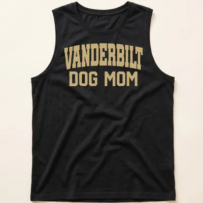 Bold collegiate style Vanderbilt Dog Mom t-shirt in gold and white. — printed on a tank top