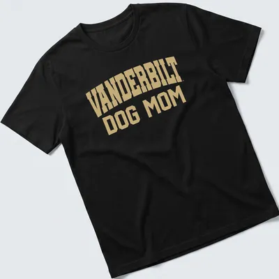 Bold collegiate style Vanderbilt Dog Mom t-shirt in gold and white.