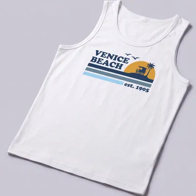 Vintage lifeguard tower graphic t-shirt with Venice Beach est. 1905 text — printed on a tank top