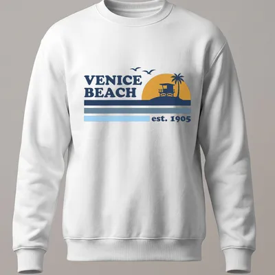 Vintage lifeguard tower graphic t-shirt with Venice Beach est. 1905 text — printed on a unisex sweatshirt