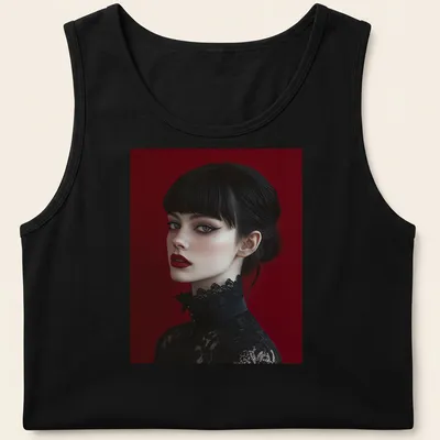 Ethereal Victorian Goth woman illustration with winged eyeliner in crimson, black, and white — printed on a tank top