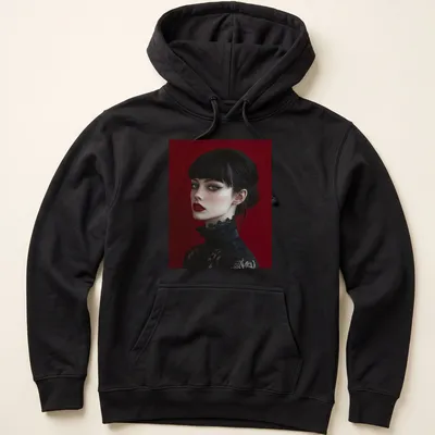 Ethereal Victorian Goth woman illustration with winged eyeliner in crimson, black, and white — printed on a unisex hoodie