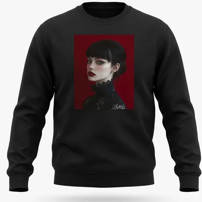 Ethereal Victorian Goth woman illustration with winged eyeliner in crimson, black, and white — printed on a unisex sweatshirt