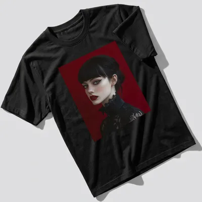 Ethereal Victorian Goth woman illustration with winged eyeliner in crimson, black, and white