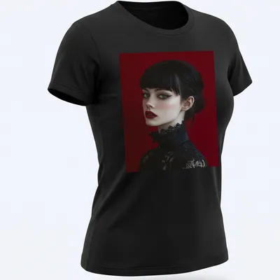 Ethereal Victorian Goth woman illustration with winged eyeliner in crimson, black, and white — printed on a women's shirt