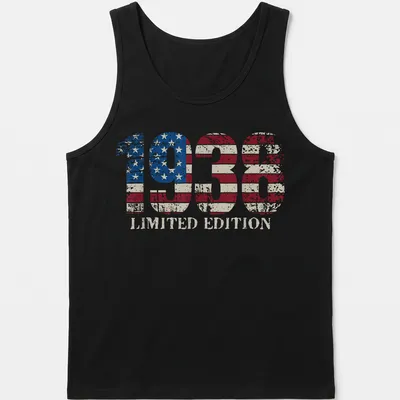 Vintage distressed American Flag T-shirt featuring 1938 Limited Edition text — printed on a tank top