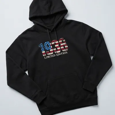 Vintage distressed American Flag T-shirt featuring 1938 Limited Edition text — printed on a unisex hoodie