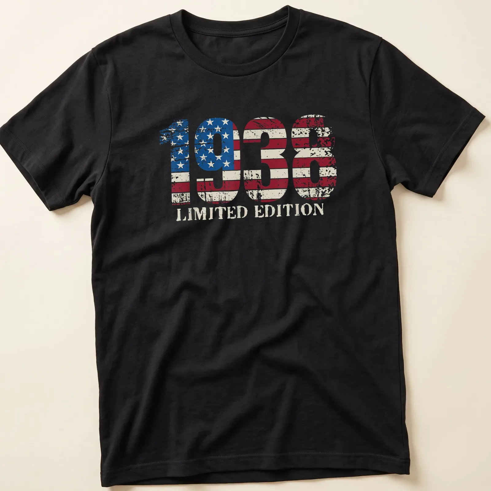 Vintage distressed American Flag T-shirt featuring 1938 Limited Edition text — printed on a unisex t-shirt