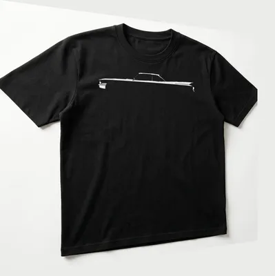 Silhouette of a vintage American luxury car in black and white. — printed on a unisex t-shirt (angled view)