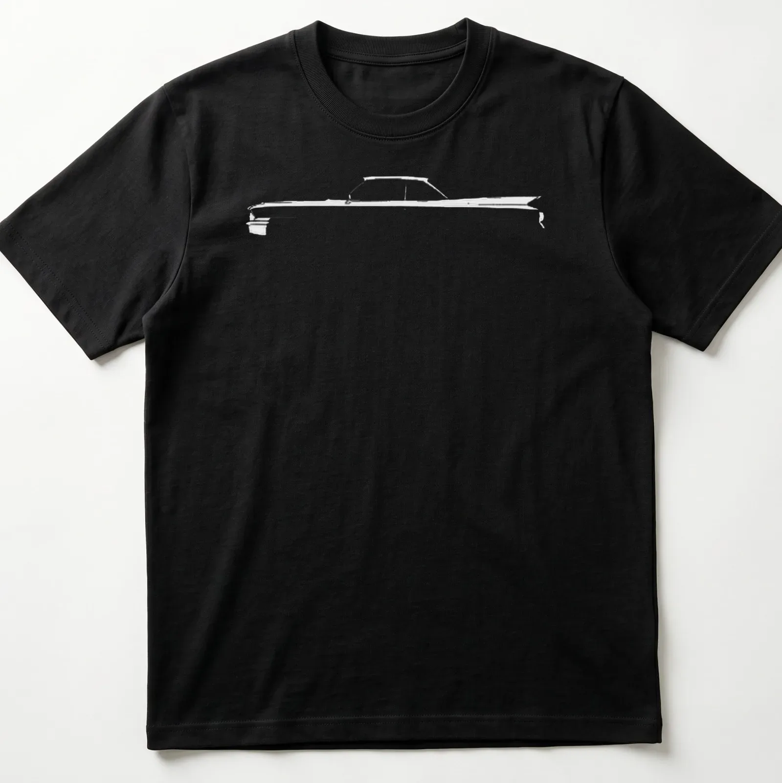 Silhouette of a vintage American luxury car in black and white. — printed on a unisex t-shirt