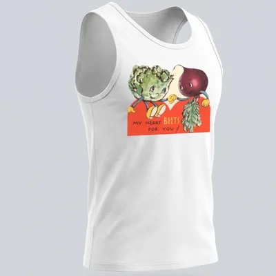Vintage illustration of smiling beets and broccoli with the text 'My Heart Beets For You!' — printed on a tank top