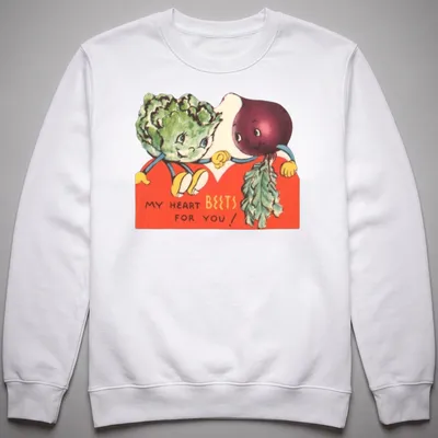 Vintage illustration of smiling beets and broccoli with the text 'My Heart Beets For You!' — printed on a unisex sweatshirt