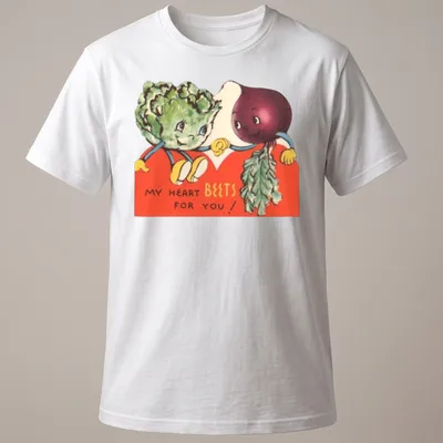 Vintage illustration of smiling beets and broccoli with the text 'My Heart Beets For You!'