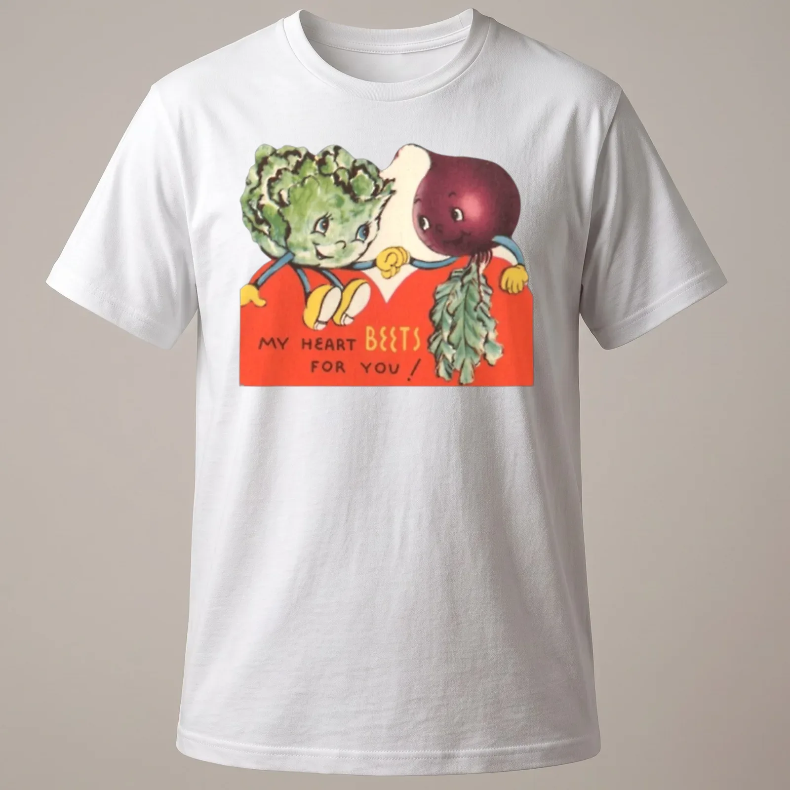 Vintage illustration of smiling beets and broccoli with the text 'My Heart Beets For You!' — printed on a unisex t-shirt