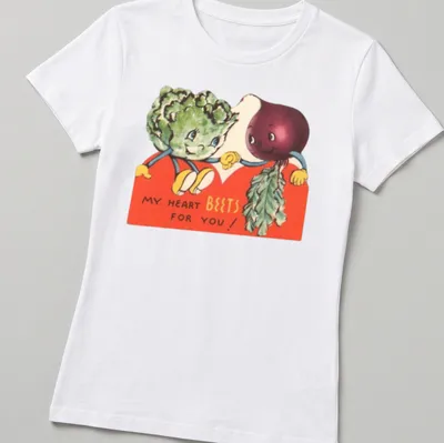 Vintage illustration of smiling beets and broccoli with the text 'My Heart Beets For You!' — printed on a women's shirt