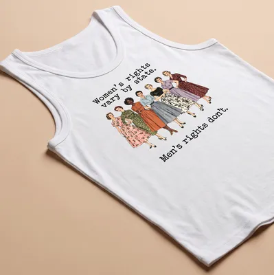 Illustration of vintage dresses with a political statement about women's rights — printed on a tank top