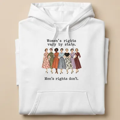 Illustration of vintage dresses with a political statement about women's rights — printed on a unisex hoodie