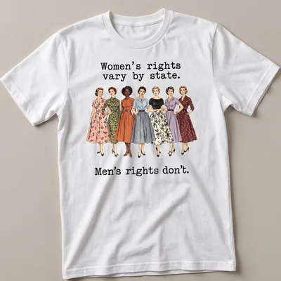 Illustration of vintage dresses with a political statement about women's rights