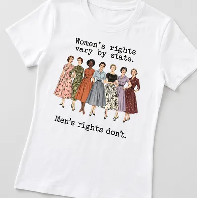 Illustration of vintage dresses with a political statement about women's rights — printed on a women's shirt