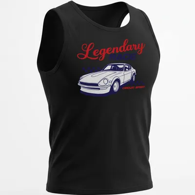Retro-style t-shirt featuring a vintage Japanese sports car and racing text. — printed on a tank top