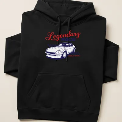 Retro-style t-shirt featuring a vintage Japanese sports car and racing text. — printed on a unisex hoodie