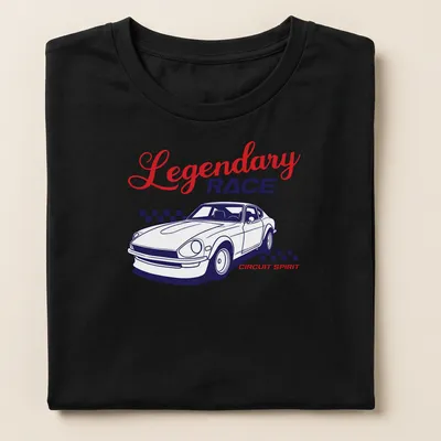 Retro-style t-shirt featuring a vintage Japanese sports car and racing text. — printed on a women's shirt