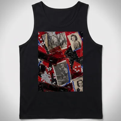 Collage of vintage photographs with the text 'Filming Lost Time' in red, black, white, blue, and silver. — printed on a tank top