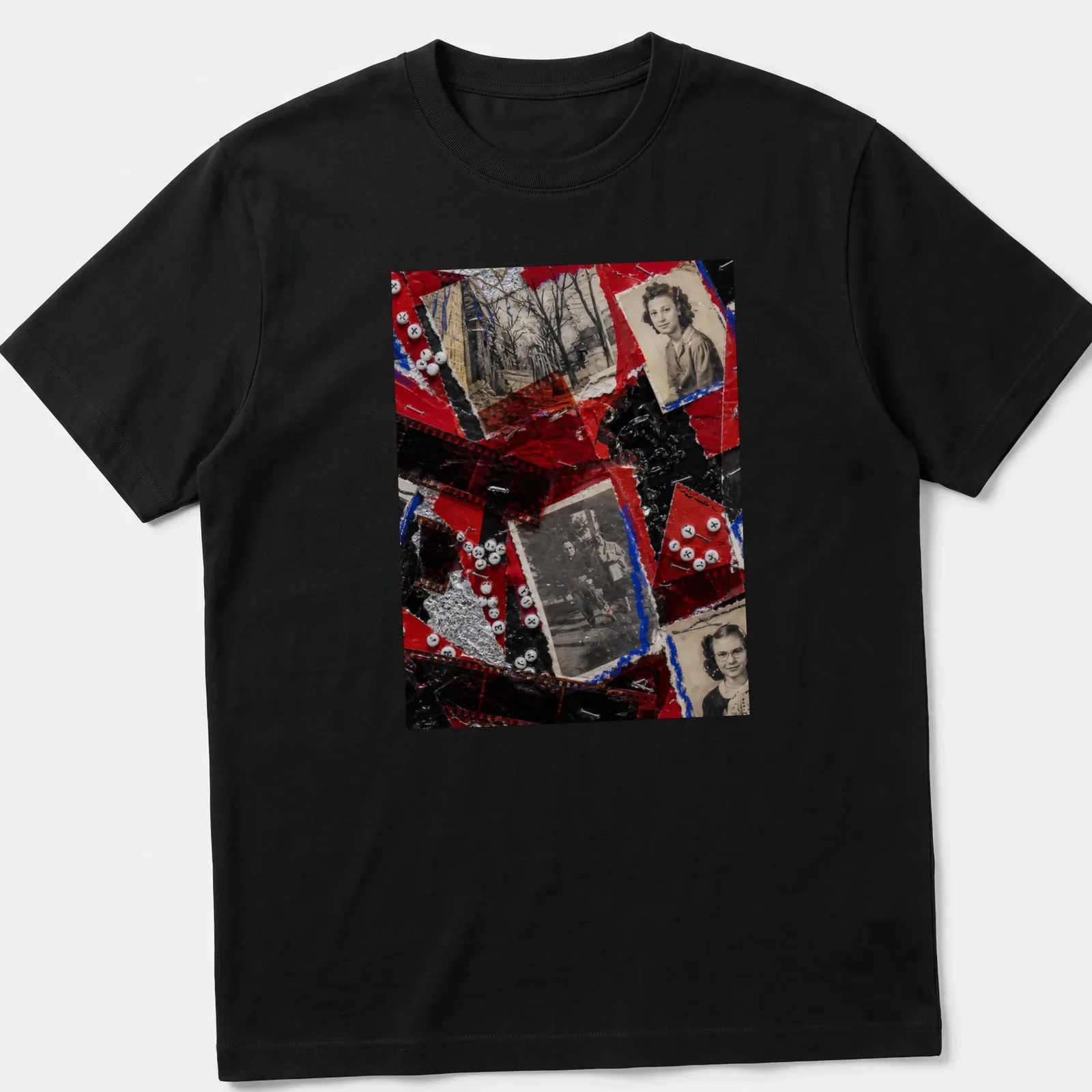 Collage of vintage photographs with the text 'Filming Lost Time' in red, black, white, blue, and silver. — printed on a unisex t-shirt