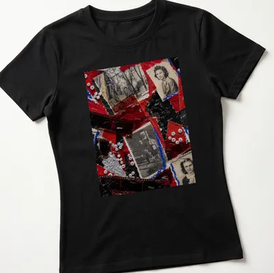 Collage of vintage photographs with the text 'Filming Lost Time' in red, black, white, blue, and silver. — printed on a women's shirt