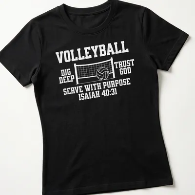 Bold typography Volleyball Dig Deep Trust God Serve With Purpose — printed on a women's shirt