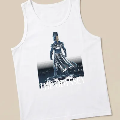 Detailed illustration of a warrior in armor atop a cliff with text: THE ODYSSEY — printed on a tank top