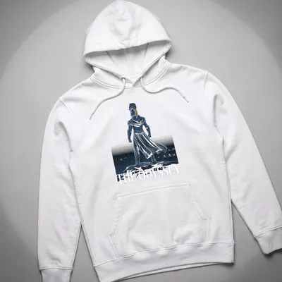 Detailed illustration of a warrior in armor atop a cliff with text: THE ODYSSEY — printed on a unisex hoodie