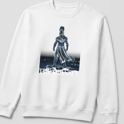 Detailed illustration of a warrior in armor atop a cliff with text: THE ODYSSEY — printed on a unisex sweatshirt