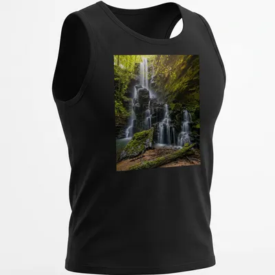 Photographic print of a waterfall surrounded by lush greenery in earthy tones — printed on a tank top