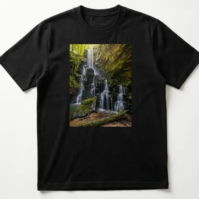 Photographic print of a waterfall surrounded by lush greenery in earthy tones