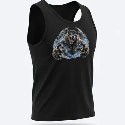 Realistic werewolf howling at the moon in gray, blue, black, and white — printed on a tank top