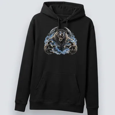 Realistic werewolf howling at the moon in gray, blue, black, and white — printed on a unisex hoodie