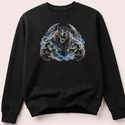Realistic werewolf howling at the moon in gray, blue, black, and white — printed on a unisex sweatshirt