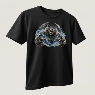 Realistic werewolf howling at the moon in gray, blue, black, and white — printed on a unisex t-shirt (angled view)