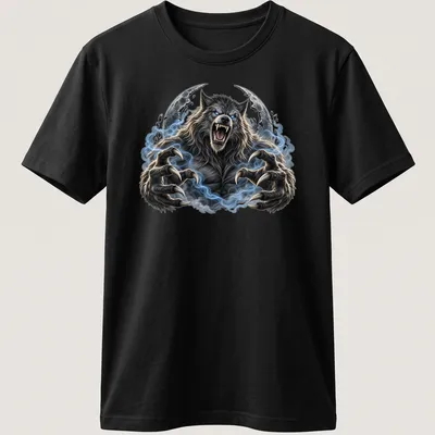 Realistic werewolf howling at the moon in gray, blue, black, and white