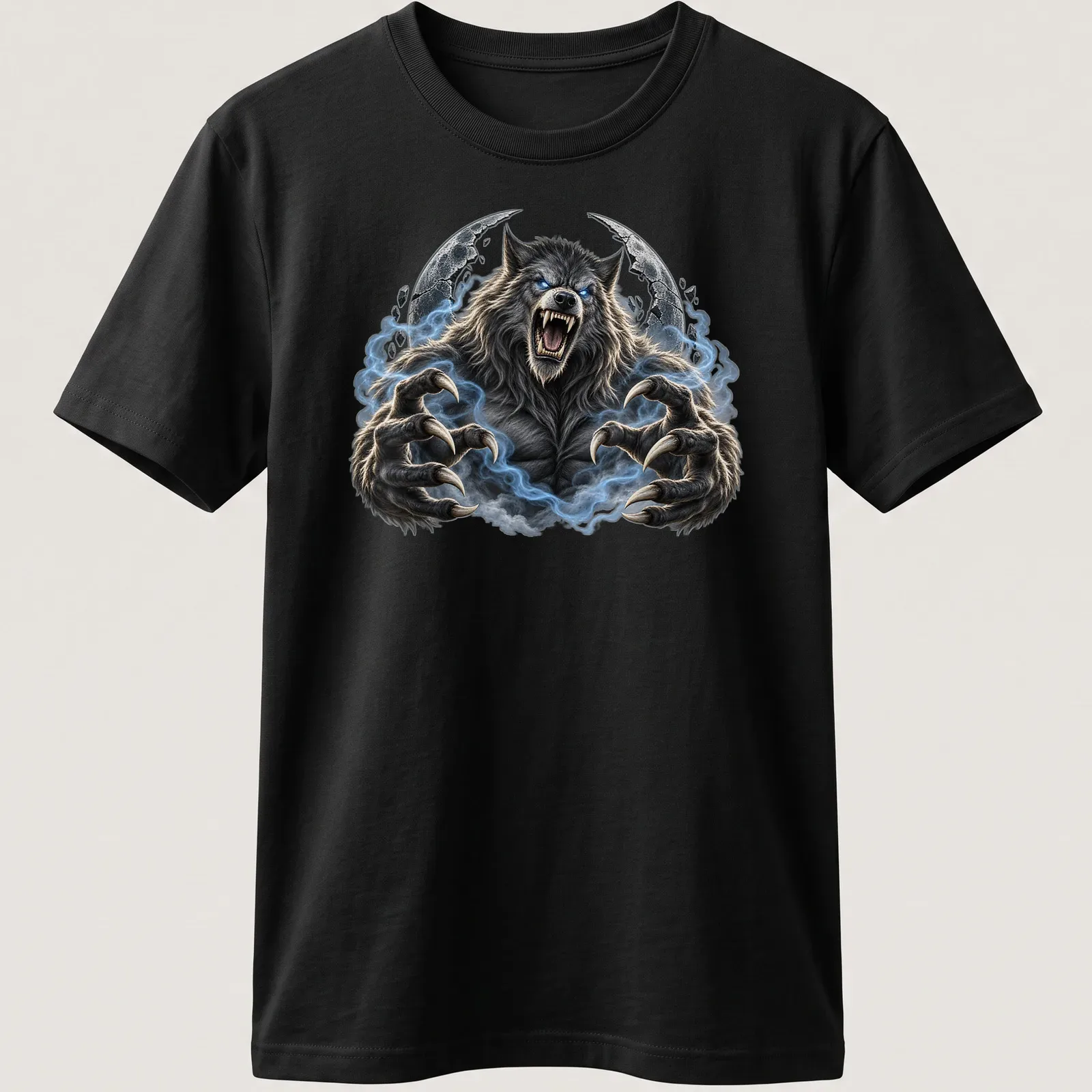 Realistic werewolf howling at the moon in gray, blue, black, and white — printed on a unisex t-shirt