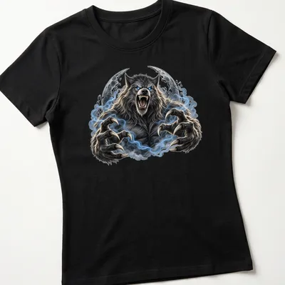 Realistic werewolf howling at the moon in gray, blue, black, and white — printed on a women's shirt