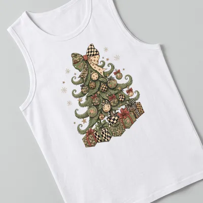 Whimsical Christmas tree adorned with camo and leopard patterns in colorful tones — printed on a tank top