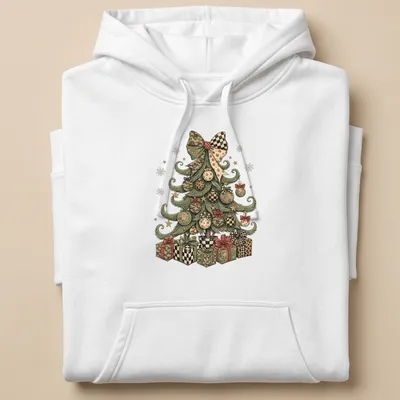 Whimsical Christmas tree adorned with camo and leopard patterns in colorful tones — printed on a unisex hoodie